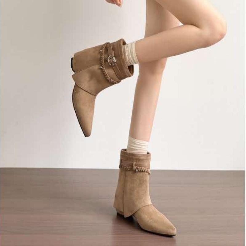 Retro suede pointed pile boots women's autumn and winter fashion sense short boots belt buckle trouser tube fashion boots removable