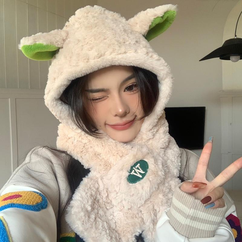 Lamb Design Cute Plush Hat And Scarf For Women Warm Winter Accessory