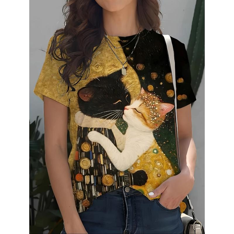 Fashion Women's Crew Neck Short Sleeve 3D Animal Color Printing Animal Short Sleeve Crew Neck T-Shirt