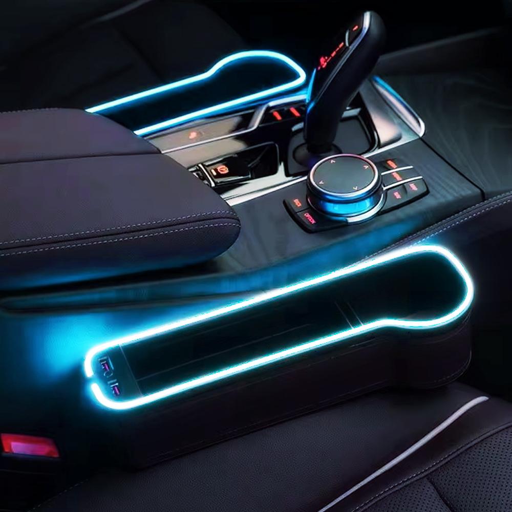 Car Seat Gap Organizer with LED Ambient Light Cup Holder Storage Box and 30W Dual USB Charging for Front Console Accessories