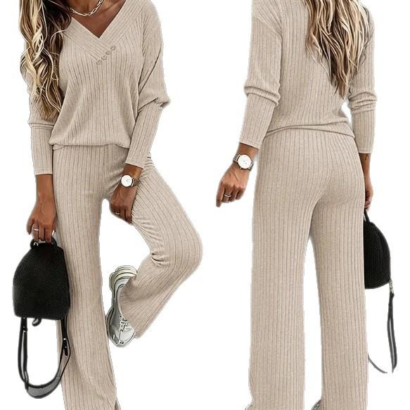 Spot 1116 autumn and winter new European and American fashion solid color casual long sleeves and trousers two-piece set for women