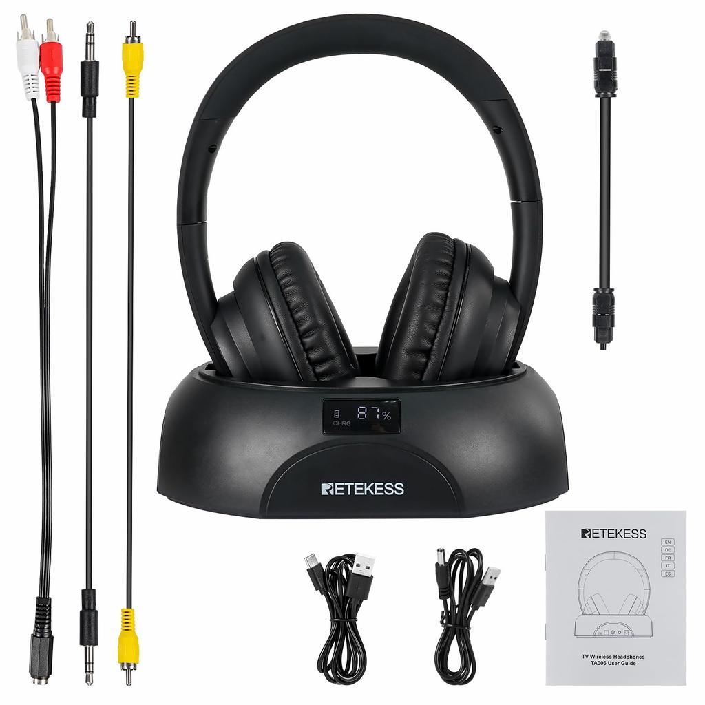 Retekess TA006 TV sluchátka s LCD indikátorem stavu baterie, dlouhá doba přehrávání, široká podpora simultánního připojení dvou nebo více sluchátek pro TV displej,