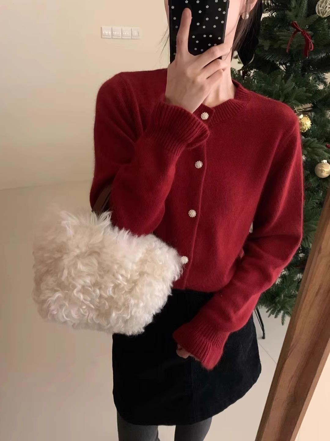 

Кардиган из бархата енота с круглым вырезом, женский свитер с фиолетовыми бутонами и рукавами, небольшой ароматный ветер, трикотажная куртка для весны и осени, тонкие топы one size красный