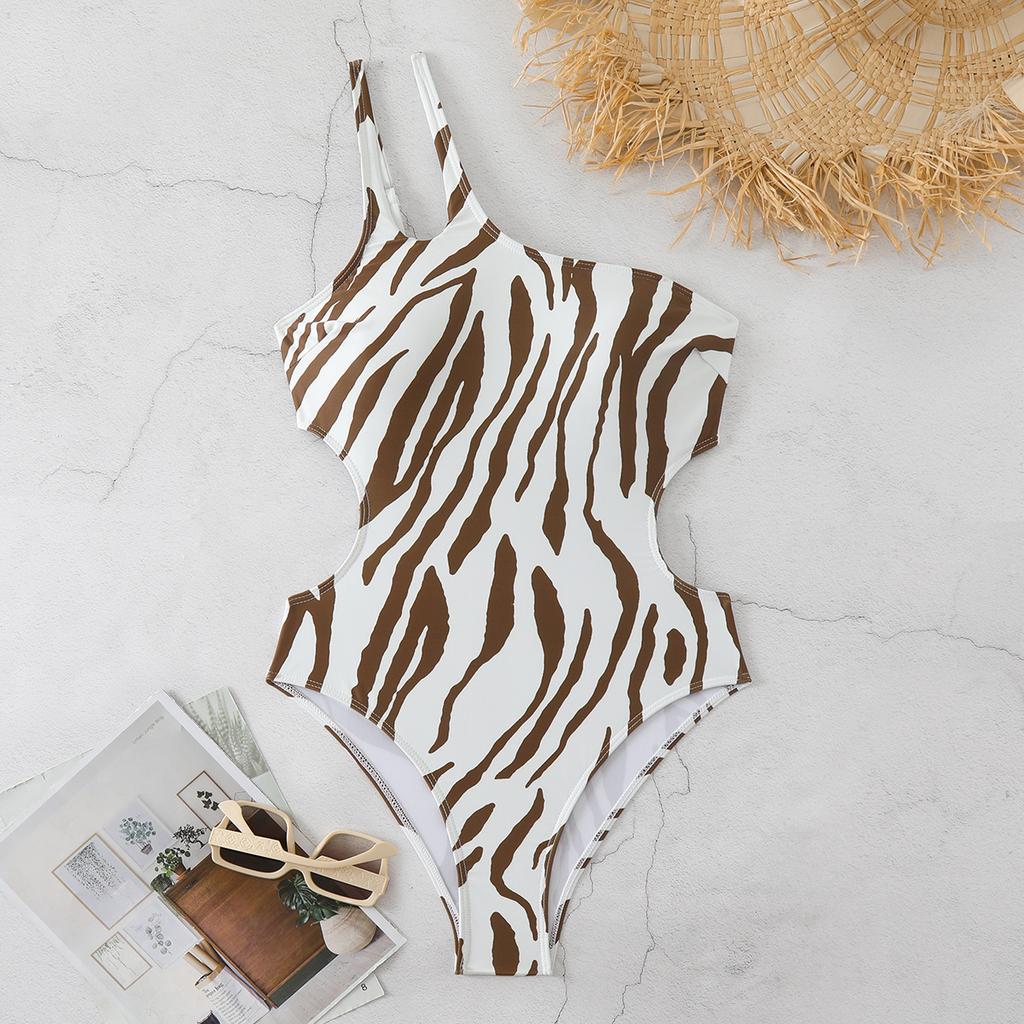 Costume da bagno bikini a righe diagonali con stampa, scollatura sulla schiena, spalline doppie, per la spiaggia