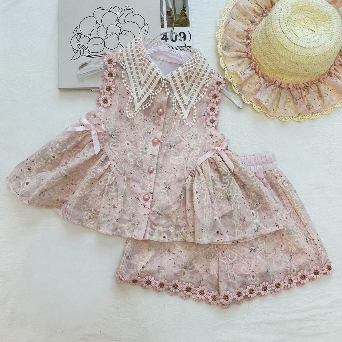 Girls Summer Pink Floral Embroidered Lace Peter Pan Collar Sleeveless Top And Daisy Shorts Two Piece Set 90cm