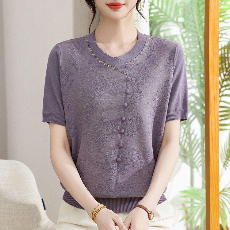 Elegant Retro V-neck Knit T-shirt for Women