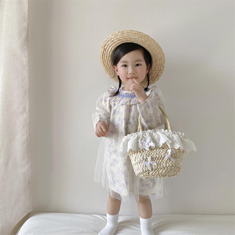 Stylish Unisex Kids Woven Bucket Bag In White Lace With Playful Cherry Print