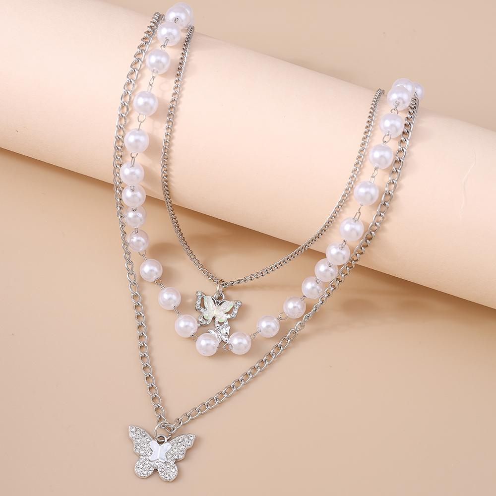 Elegant Multilayer Pearls Beaded Choker Necklace for Women Butterfly Pendant Necklace Girls Party Jewelry Gifts