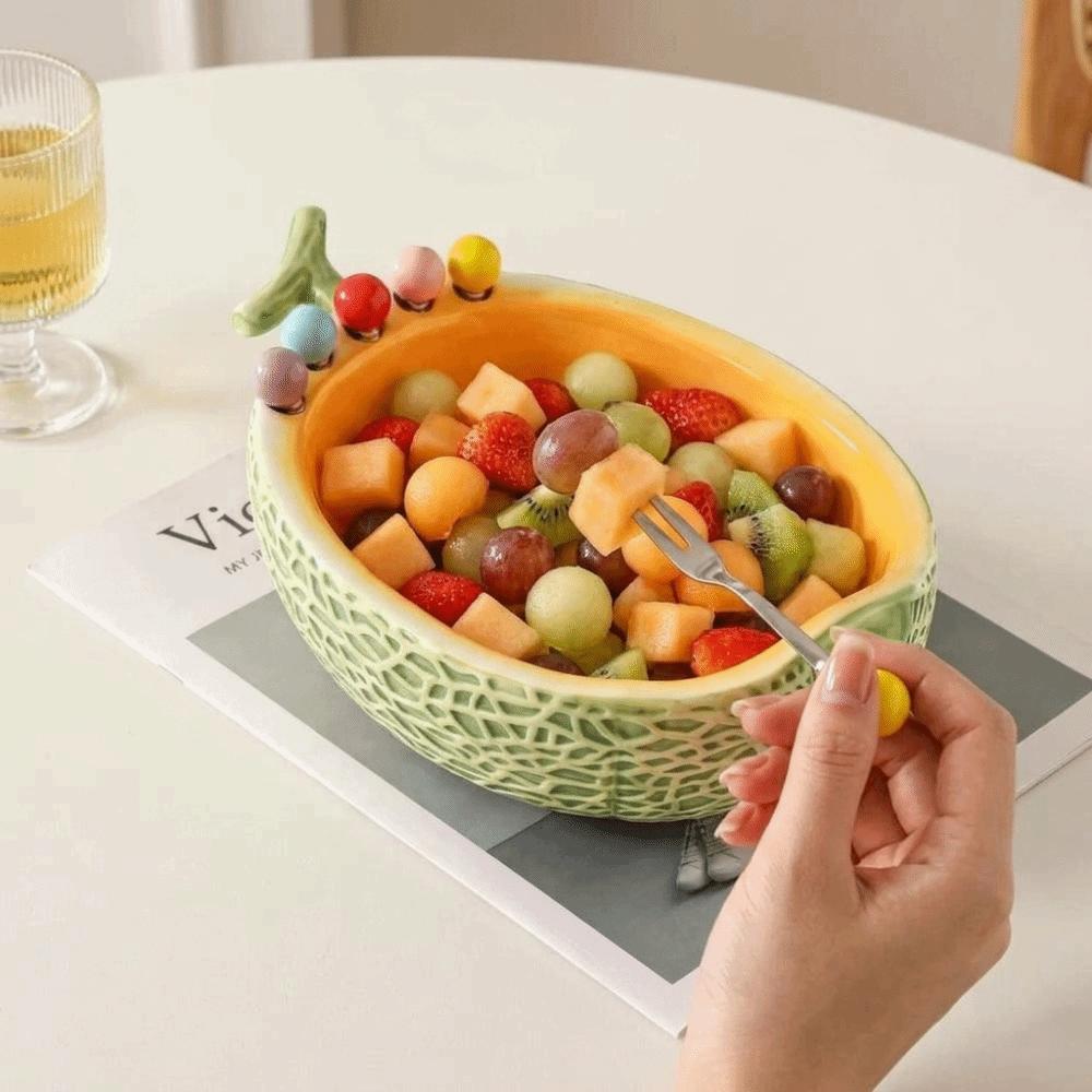 Large Capacity Fruit Serving Plate Hami Melon Shape Snack Plate with Fork Fruit Insert