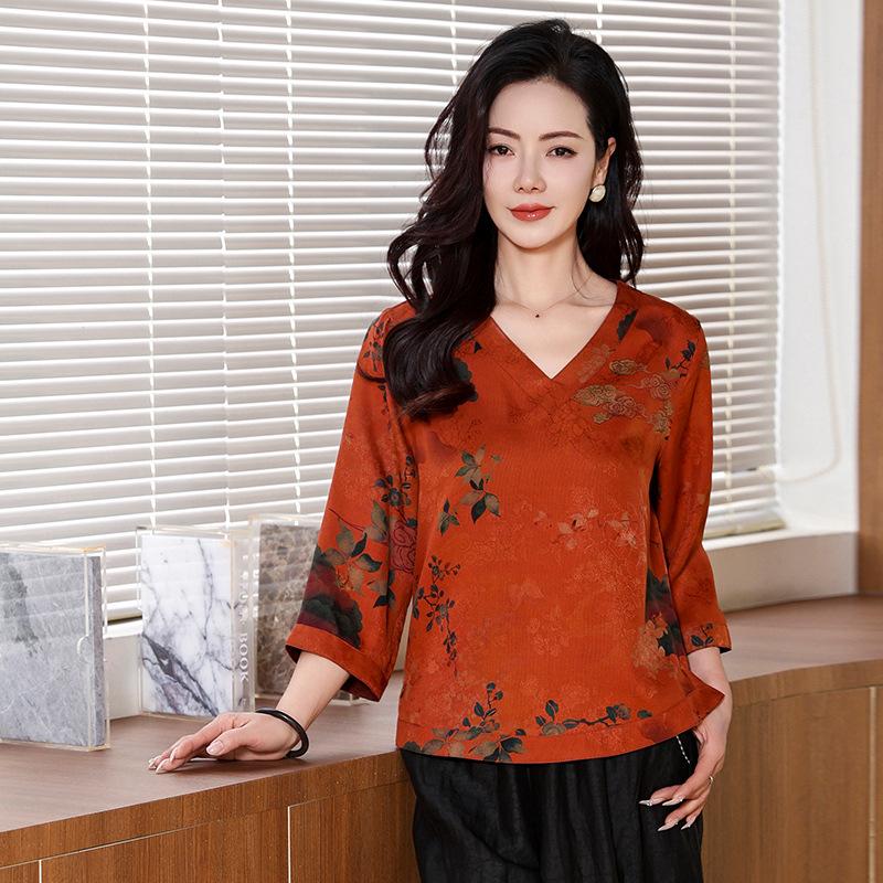 

Модный топ из шелка с ароматом Хуало, женская одежда, новый топ с рукавом три четверти из шелка тутового дерева большого размера XXXXL красный