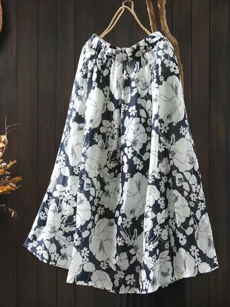 

Johnature Women Print Floral Vintage Skirts Elastic Waist High Quality Cloths Summer Loose Skirts M синий