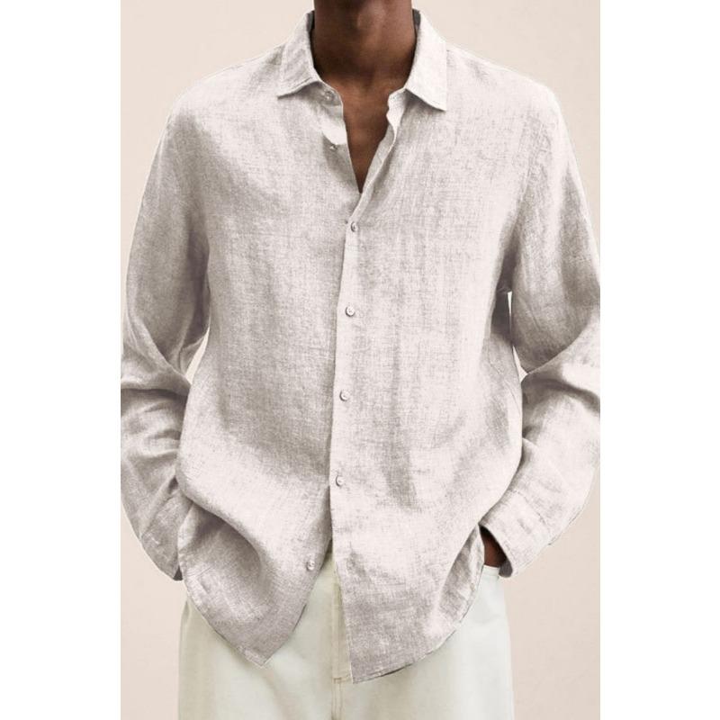 Men's Linen Cotton Long Sleeve Shirt Casual Loose Fit Button Down Collar Breathable Solid Color Summer Tops For Men
