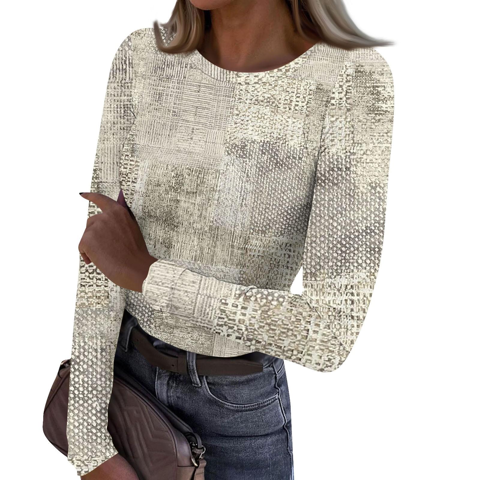 

Женская осенне-зимняя футболка с тонким низом, модная повседневная футболка с круглым вырезом и принтом, длинный рукав XXL хаки