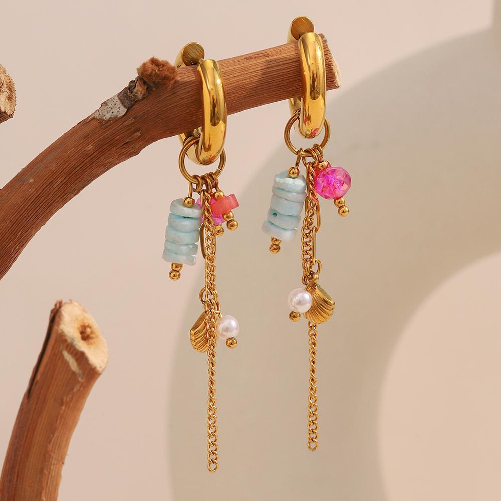 La. Muses Natural Stone Zircon Shell Tassel Pendant Stainless Steel Women's Hoop Earrings PVD Gold-plated Fashion Zircon Gift
