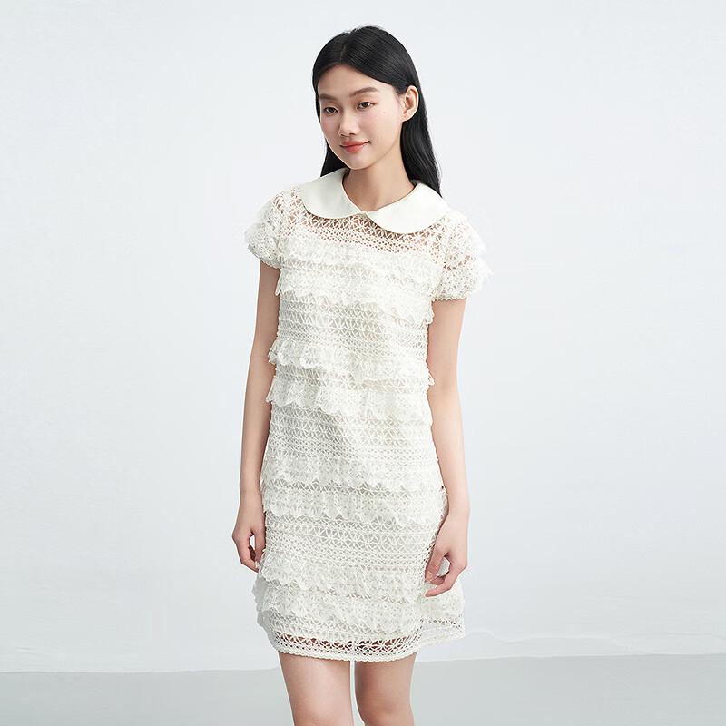 

LEDING Loose Satin Collar Lace Trim Mini Dress L