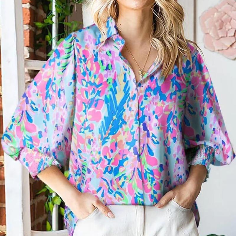 Summer New Lantern Sleeve Printed Women's Shirts Tops Turn Down Collar Elegant Casual Loose Blouse for Women Fashion Slim Button Up Female Shirt 26382