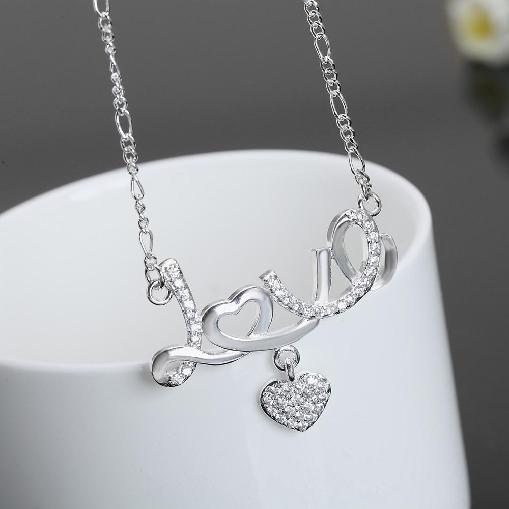 925 Sterling Silver AAA Zircon Heart-shaped Love Necklace Wedding Charm Jewelry