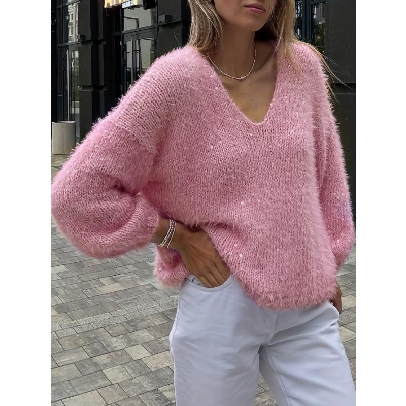 Dames S Roze Losse V-hals Lange Mouwen Gebreide Pullover Trui