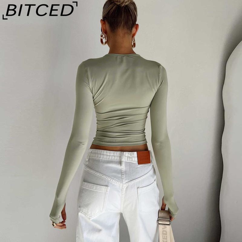 BITCED Women's Spring/Autumn T-Shirt Solid-Colour O-Neck Base Layer Slim-Fit Long-Sleeved Top