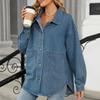 Women's Fashionable Versatile Classic Retro Solid Color Lapel Long Sleeved Pocket Loose Denim Jacket