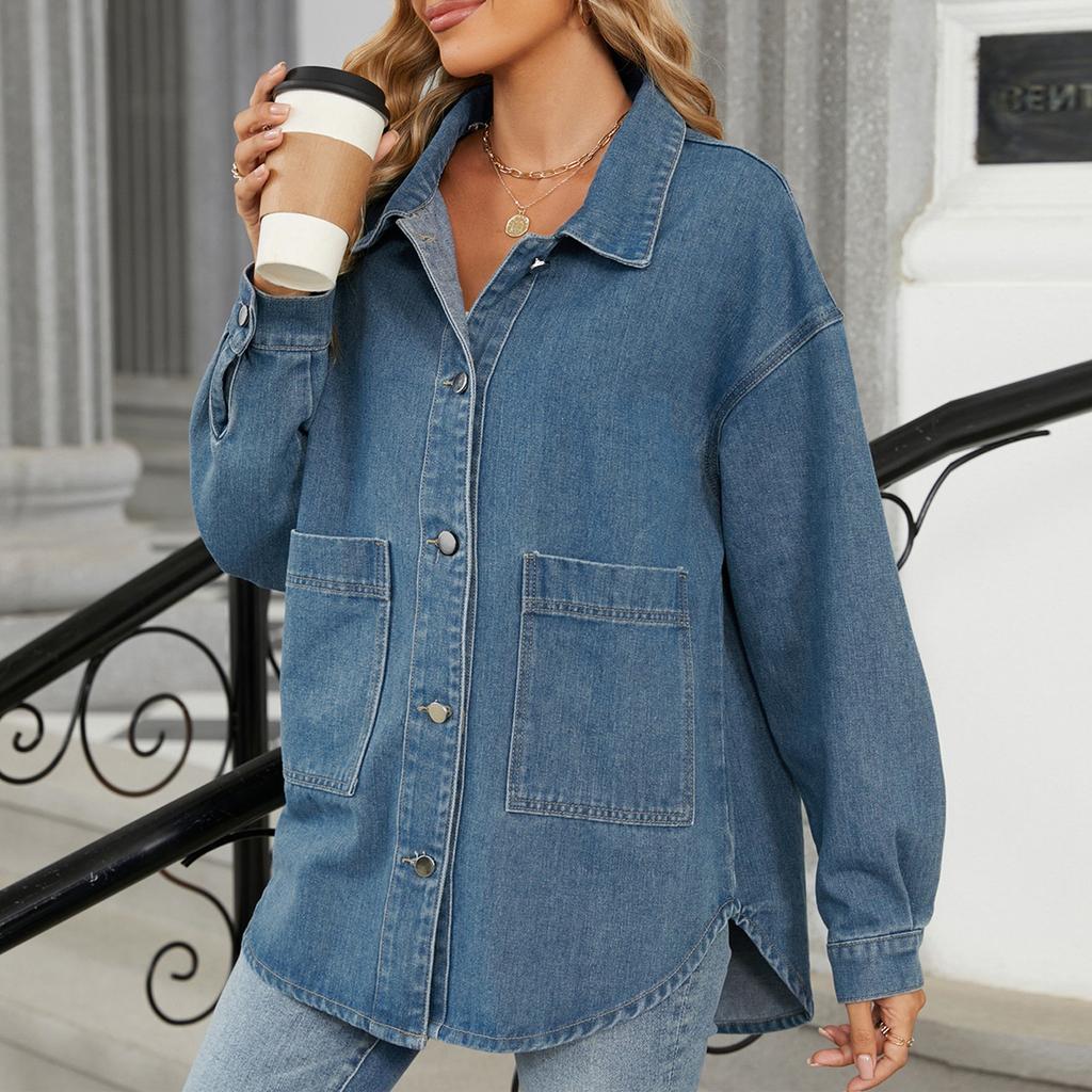 Women's Fashionable Versatile Classic Retro Solid Color Lapel Long Sleeved Pocket Loose Denim Jacket