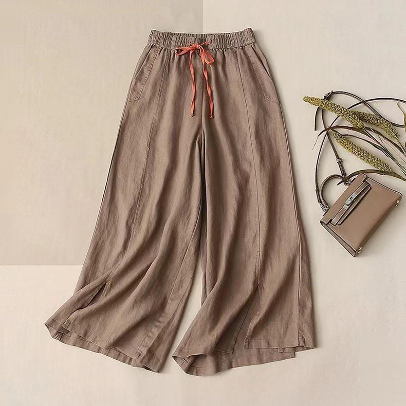 

Женские брюки из хлопка и льна, повседневные, эластичные, с высокой талией, свободные, с широкими штанинами, длиной до щиколотки, женская одежда S кофейный