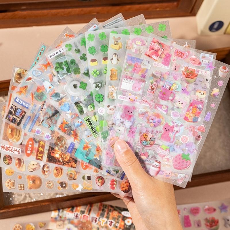 6 Sheets Adhesive Sticker Retro Decal Food Sticker Asthetic Decal Scrapbooking Sticker Cartoon Decal Fish Sticker