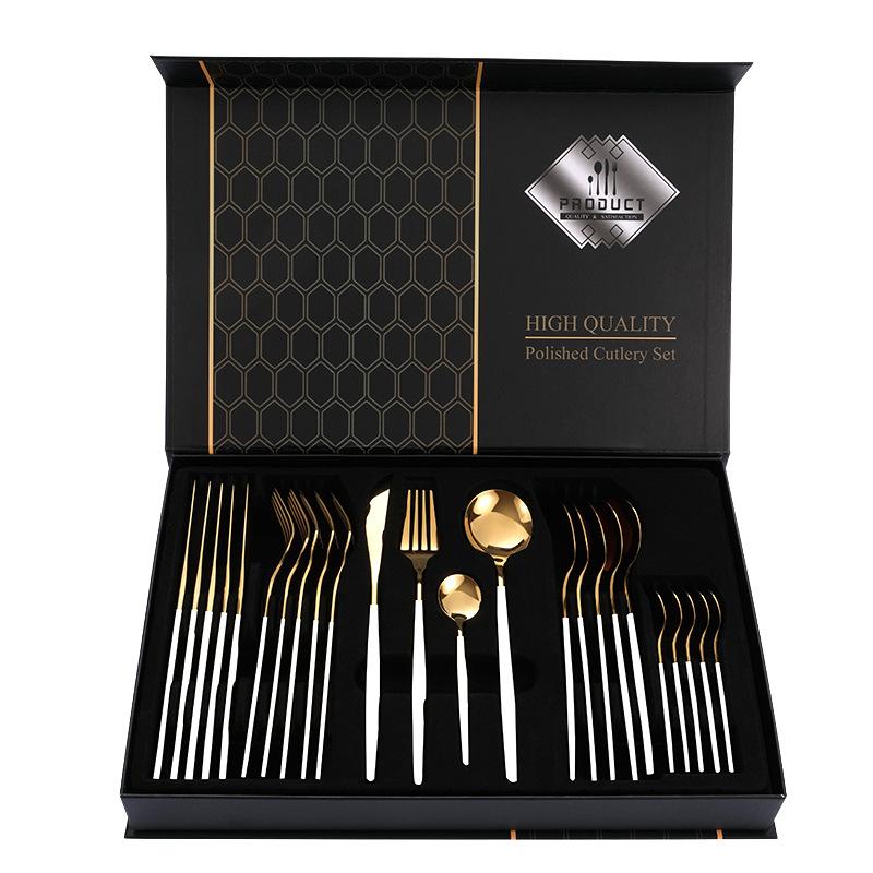 24pcs Gold Dinnerware Set Stainless Steel Steak Knife Fork Coffee Spoon Teaspoon Flatware Dishwasher Safe Kitchen Tablewar