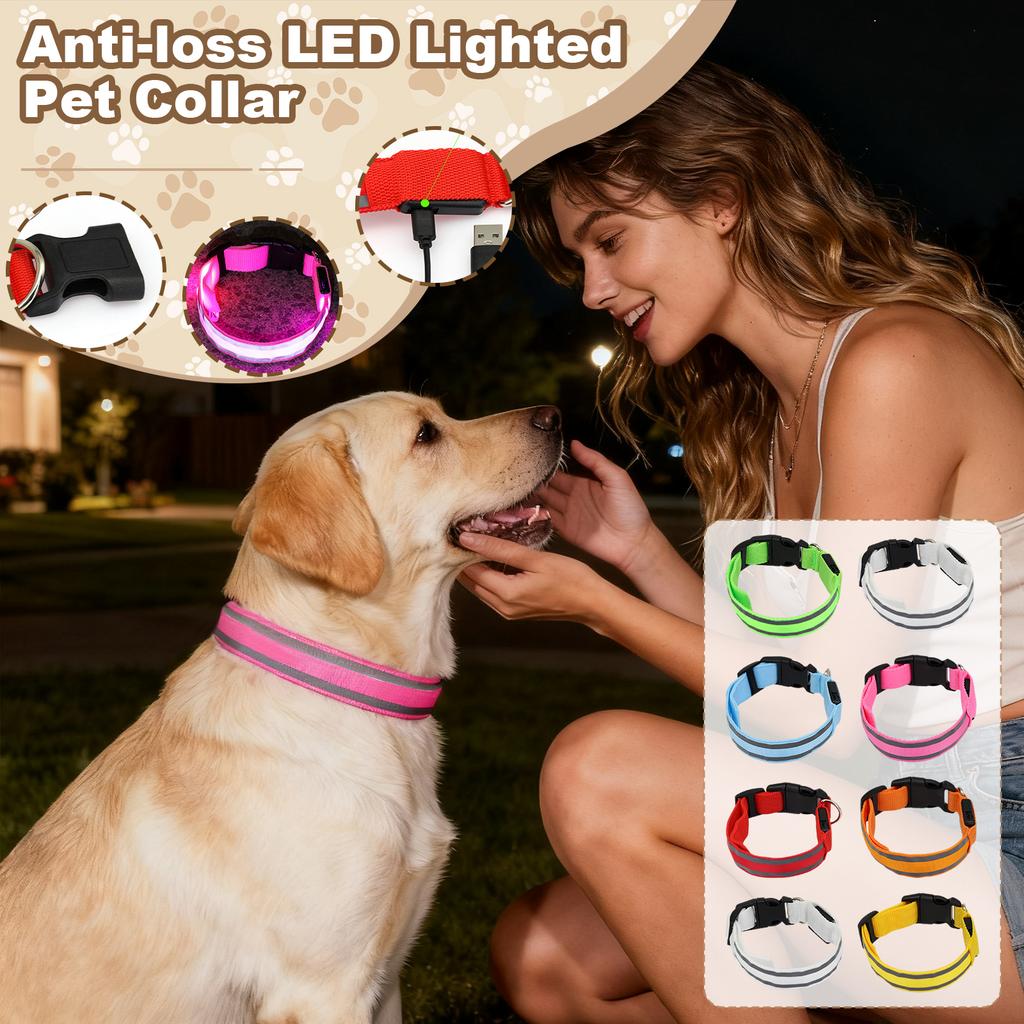 -lost LED Glowing Dog Collar Pet Supplies For Nighttime Dog Walking, Collar With USB Charging And Built-in Reflective Material
