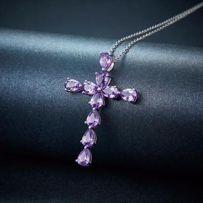 Collier pendentif croix en améthyste naturelle gemme plaqué argent 925