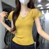 Summer Slim and Thin Temperament Versatile Short-sleeved T-shirt Women's Fashion Lace V-neck Lace Splicing Pure Desire Style Top Tide