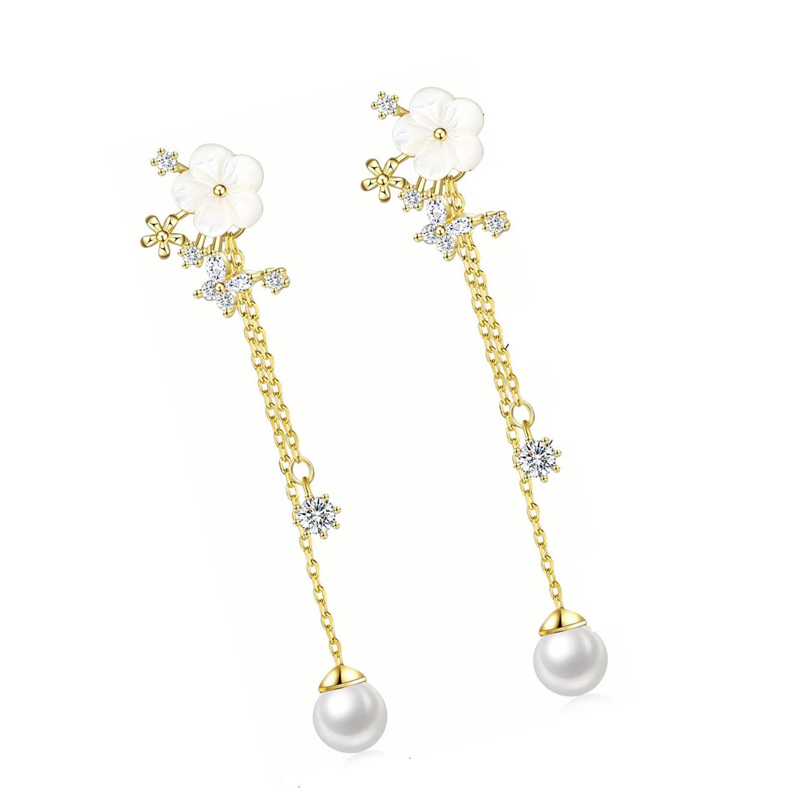 

Bridal Wedding Earrings Chain Dangle Simulated Pearls Flower CZ Accents Gold or Silver Plated Glossy Finish Ear Studs золотой