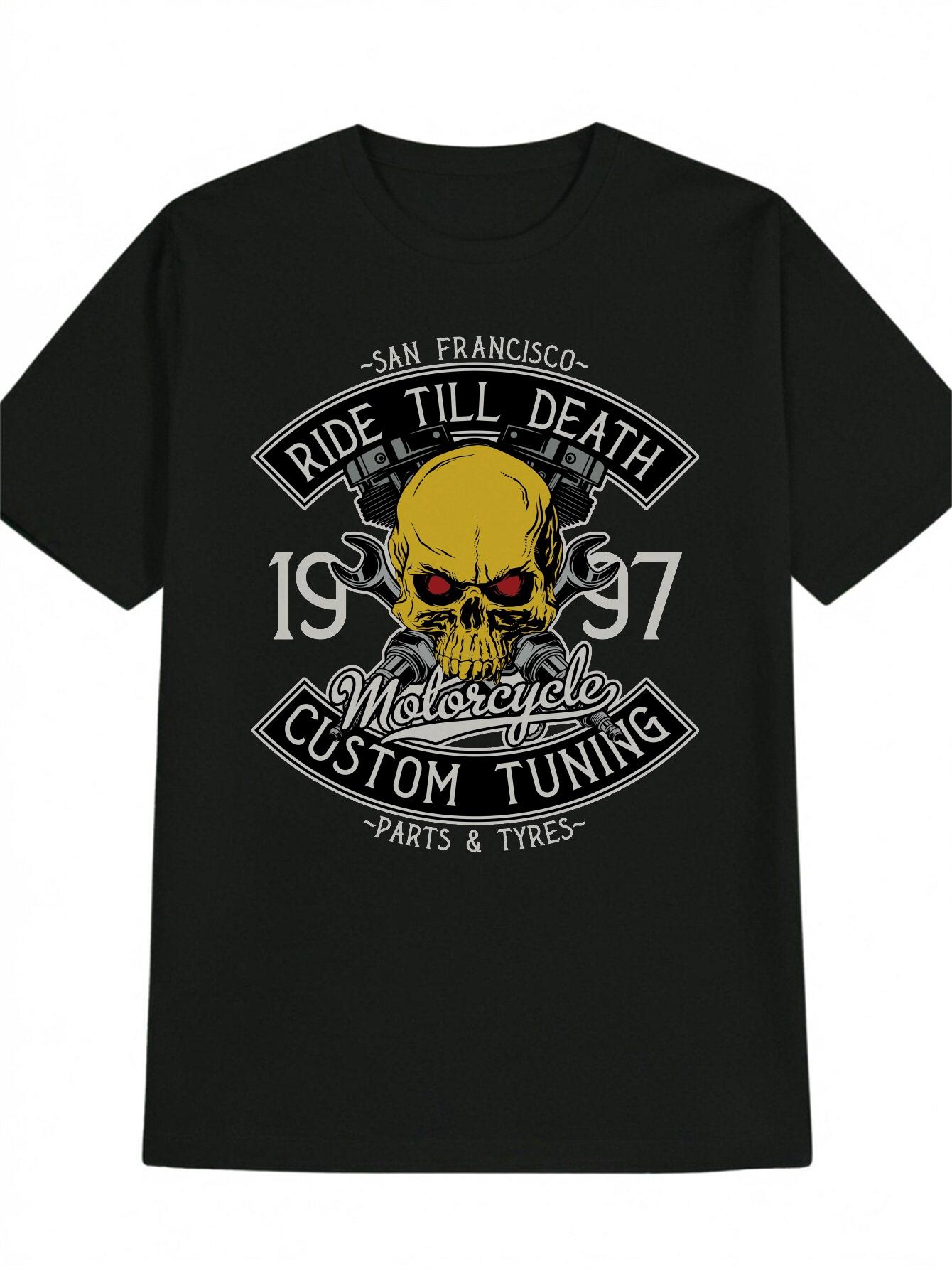 

Casual Versatile Round Neck T-shirt with Yellow Skull and Red Eye Socket Print XXXL
