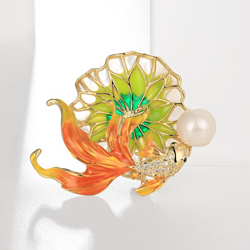 Bo Xin Yun Enamel Lotus Leaf Brooch: Chinese Style Goldfish  Pearl Pin