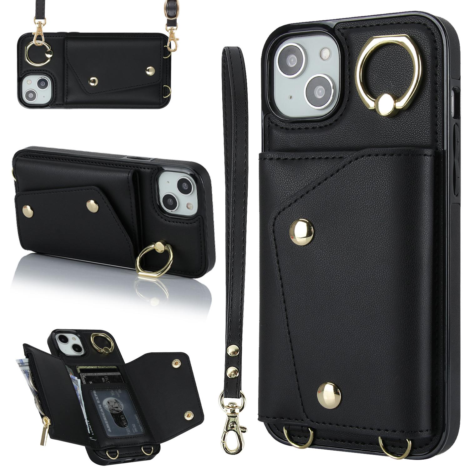 

For iPhone 15 Zipper Wallet Phone Case PU Leather+TPU Ring Kickstand Back Cover with 2 Straps Black