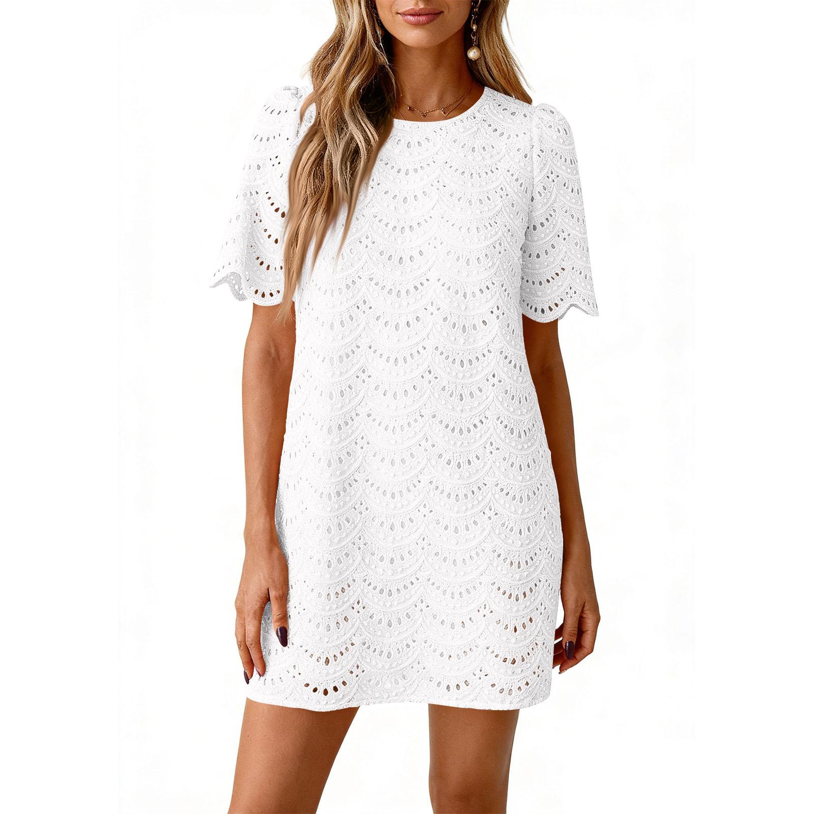 

Summer Casual Short Dresses Embroidered Lace Short Sleeve Boho Dress Beach Vacation Clothes XL білий