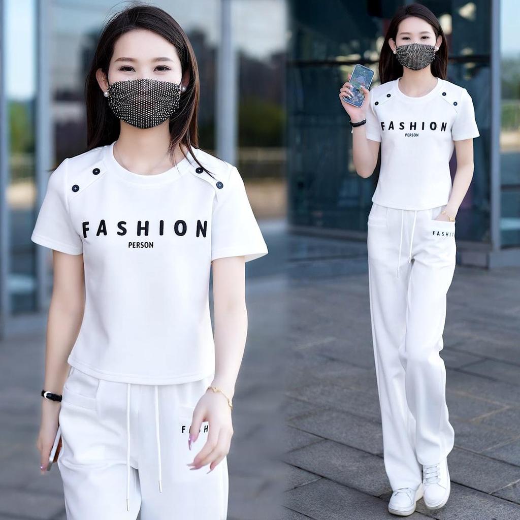 Youthful Summer 2025 Loose Round Neck Short Sleeve Top & Straight Leg Pants Set - Fashionable Sportswear for Versatile, Age-Reducing Style