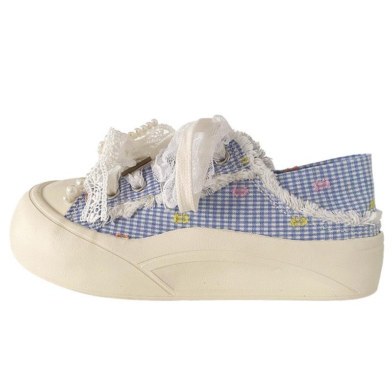 

BE-6869 latex insole/ribbon fairy wind thick sole two wear canvas shoes female one pedal lazy half drag board shoes 40 синій