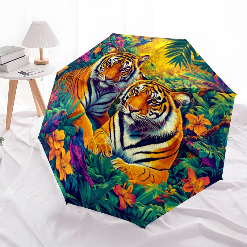 Tiger Parrot Pattern, Automatic Folding Umbrella, Portable and Foldable Design, 8 Ribs, a Christmas or Birthday Gift.