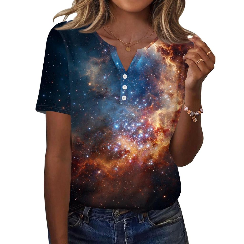 Tricou de damă, cu nasturi, cu mânecă scurtă, de zi cu zi, la modă de weekend, de bază, cu decolteu în V, obișnuit