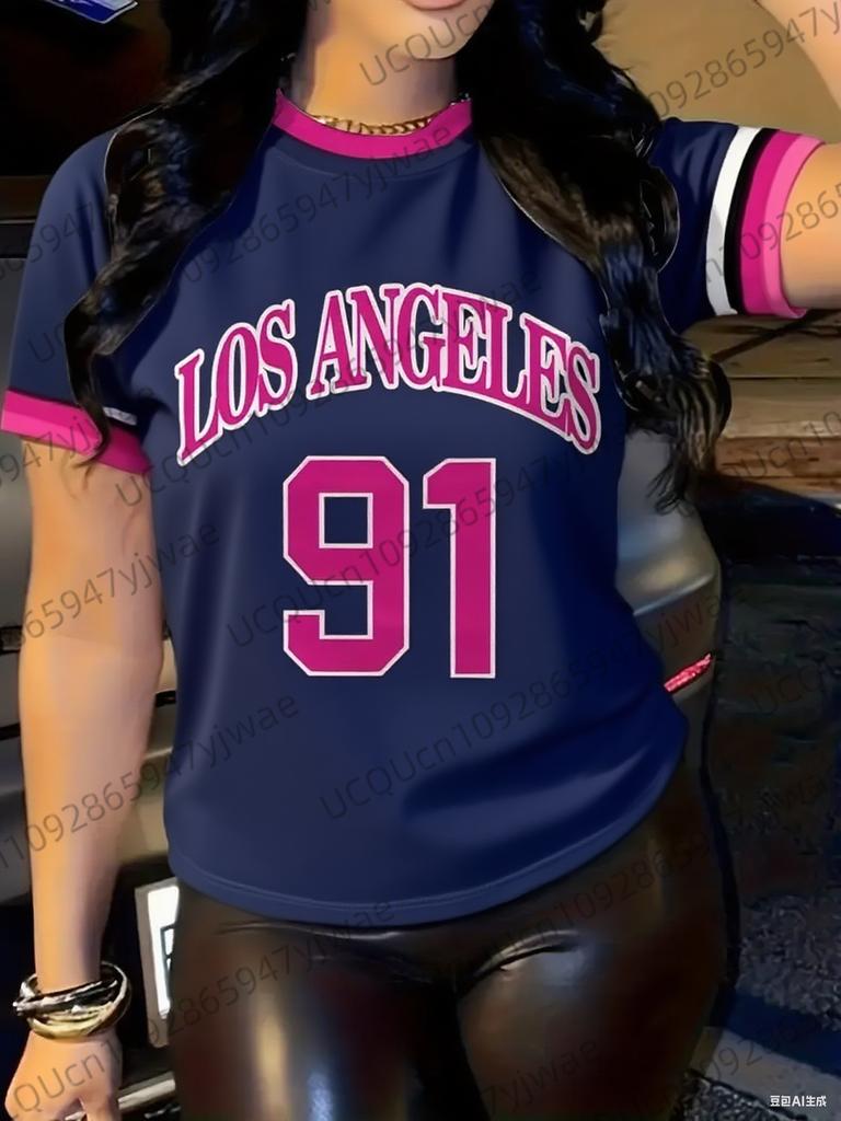 Mode Lässig Damen Sporttrikot Los Angeles Nr. 91 Aufdruck Kurzarm T-Shirt Sommer Grafik-T-Shirt Große Größen Sport-T-Shirt