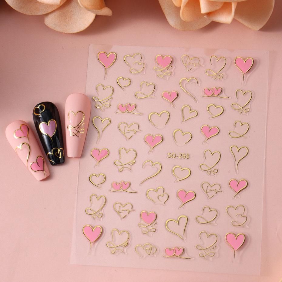 Heart Nail Decals 3D Red Pink Golden Love Design Nail Stickers Adhesive Valentine Sweet Nail Manicure Slider
