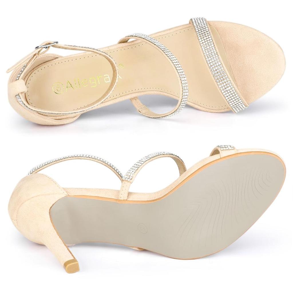 Allegra K Strappy Sandals with Rhinestones, High Heels, Stiletto Heels, Women's, Beige, Size 24.5cm