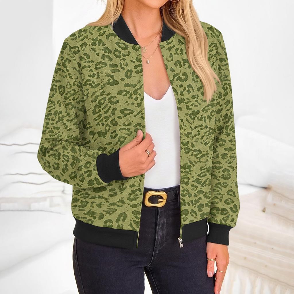 Women's Stylish Long Sleeve Leopard Print Zip-Up Round Neck Jacket for Everyday Wear