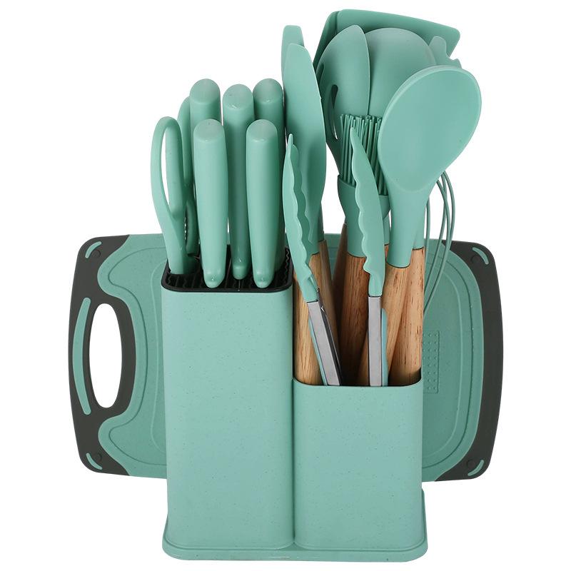 Silicone kitchenware set, kitchenware set, non-stick pan, silicone spatula, double barrel knife set (as the picture,dark green)