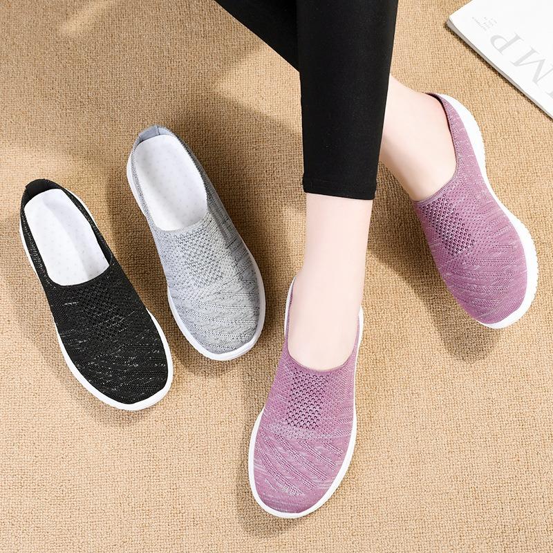 Shoes Women's Summer Slippers Women's Large Size Cloth Shoes Breathable Fly-woven Shoes Soft Sole Lightweight Single Shoes One Pedal Casual Shoes