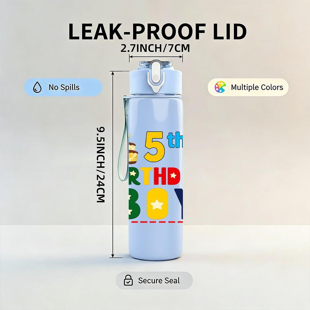 1PC 5th Birthday Boy Party Text Print 750ml Color Plastic Sports Water Bottle Leakproof Flip Straw Lid Suitable for Sports Office Home Use
