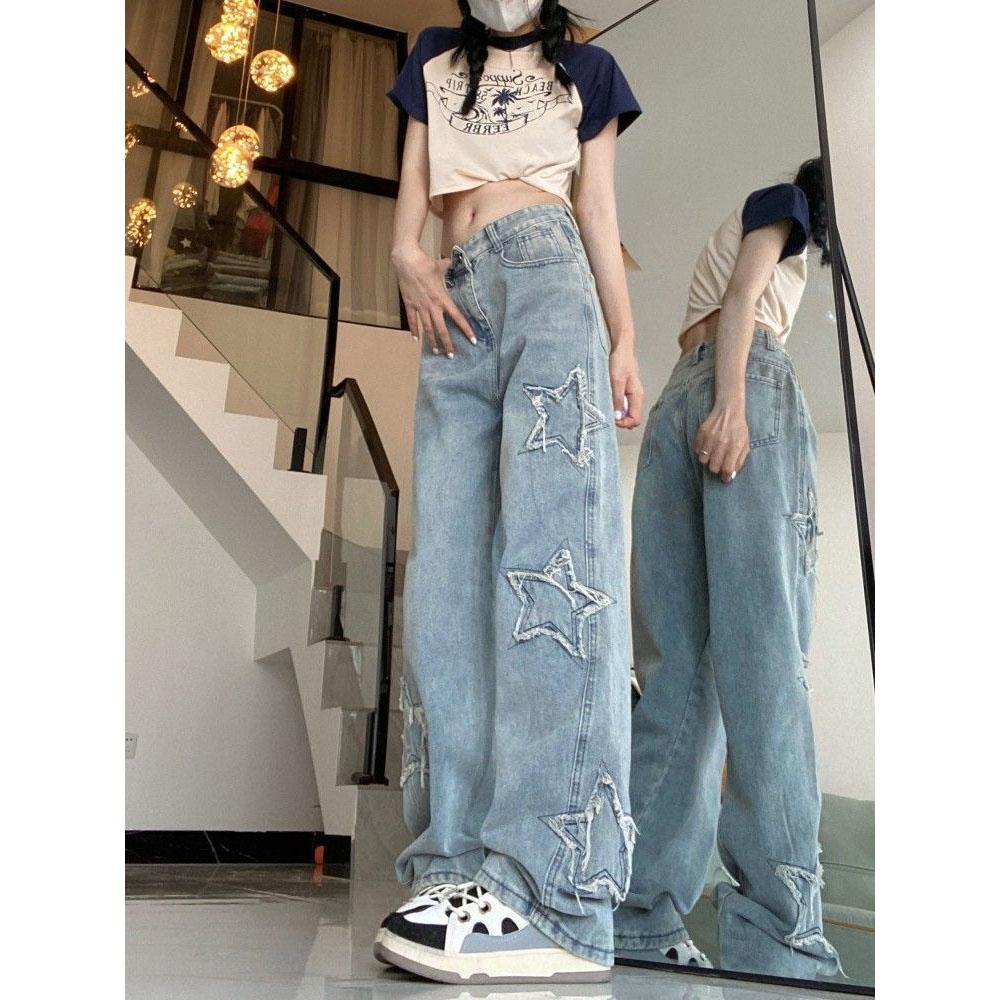 Vår og Høst Retro Stil Høy Midje Ensfarget Vide Ben Jeans Dame Streetwear Løse Rette Jeans Bukser Pluss Størrelse