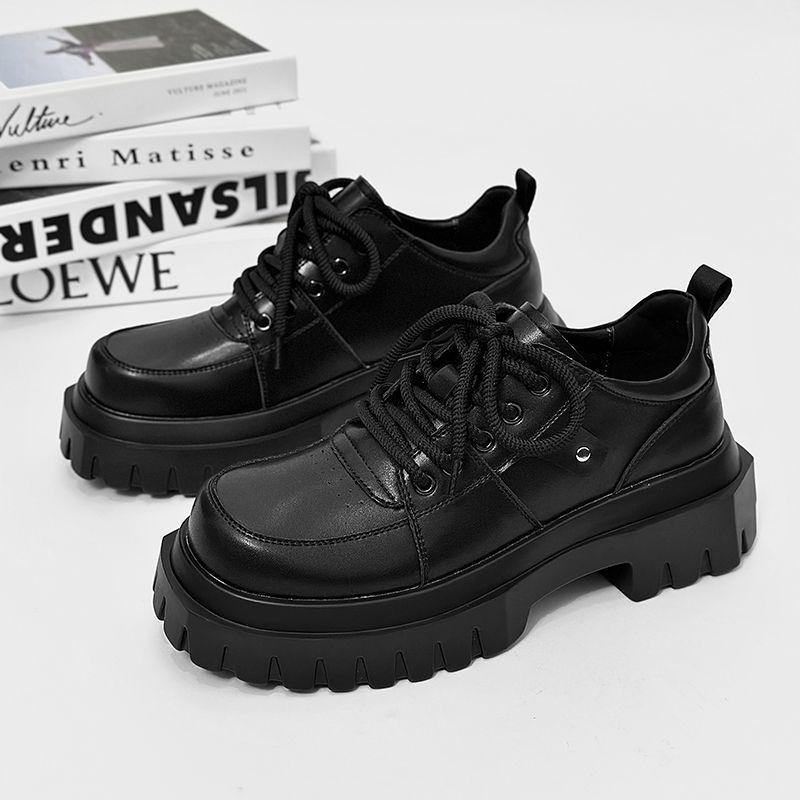 Men's Korean-Style Height-Boosting Genuine Leather Derby Shoes with Thick Sole