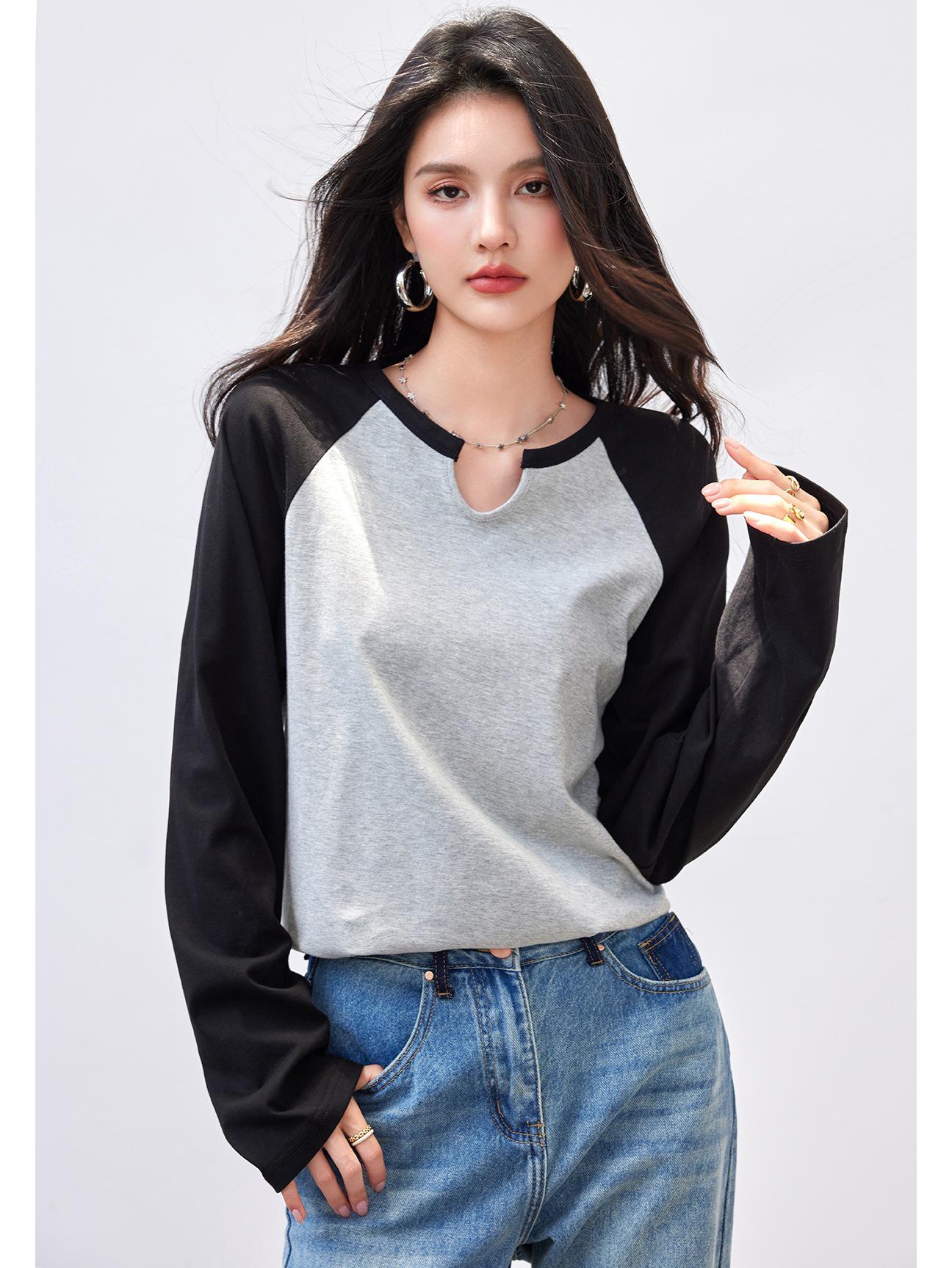 

2025 Spring Retro Black & White Color Block Women s Long Sleeve Casual T-Shirt Extra Large чорний/сірий колір